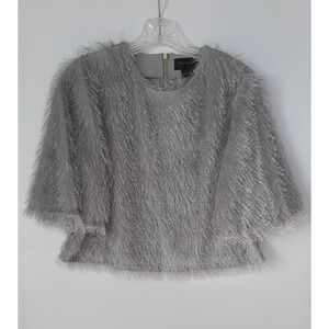 GRACIA Silver Fringe 3/4 Sleeve Womens Size L Zip Back Top Holiday Festival Glam